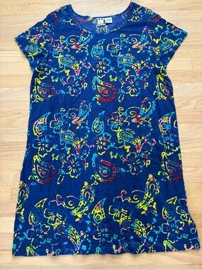Vintage Take Two 1X Blue Tropical Paisley 100% Cotton T Shirt Dress